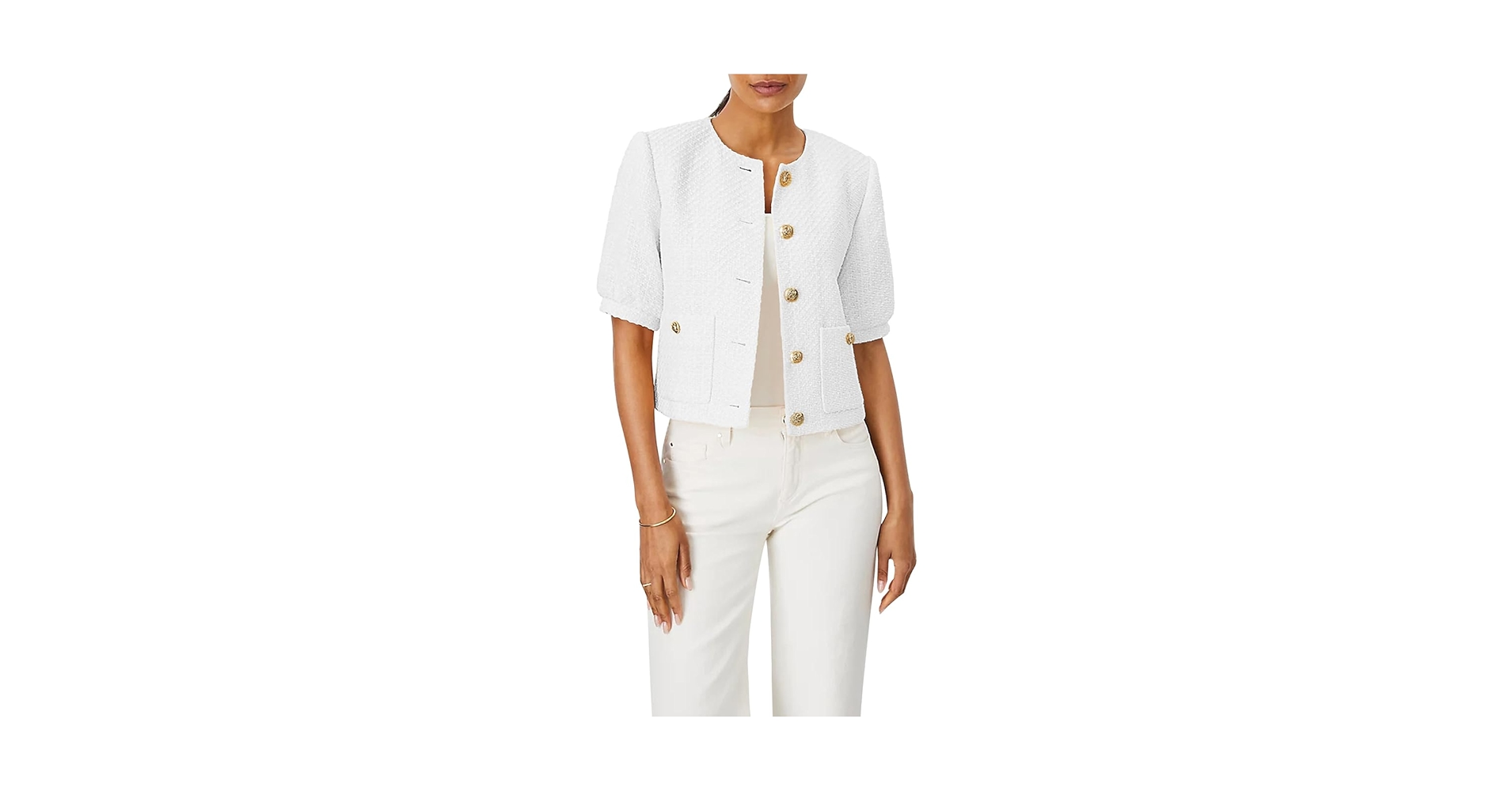 ジャケット・アウター Tweed Dot Button Collarless Jacket SaytoRose Women's Plaid White Tweed Blazer Open Front